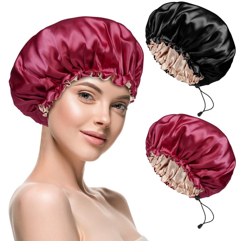 Flintronic 2PCS Satin Silk Sleep Caps, Adjustable Hair Bonnets, Black + Burgundy
