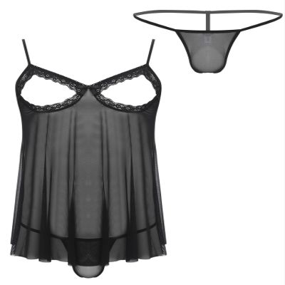 Freebily Men's Sissy Lace Babydoll Nightgown and G-String Set, Black, XL