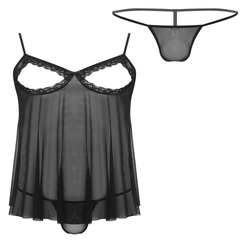 Freebily Men's Sissy Lace Babydoll Nightgown and G-String Set, Black, XL