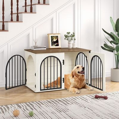 Hzuaneri Dog Crate Furniture, 100 cm, 3 Doors, White/Brown