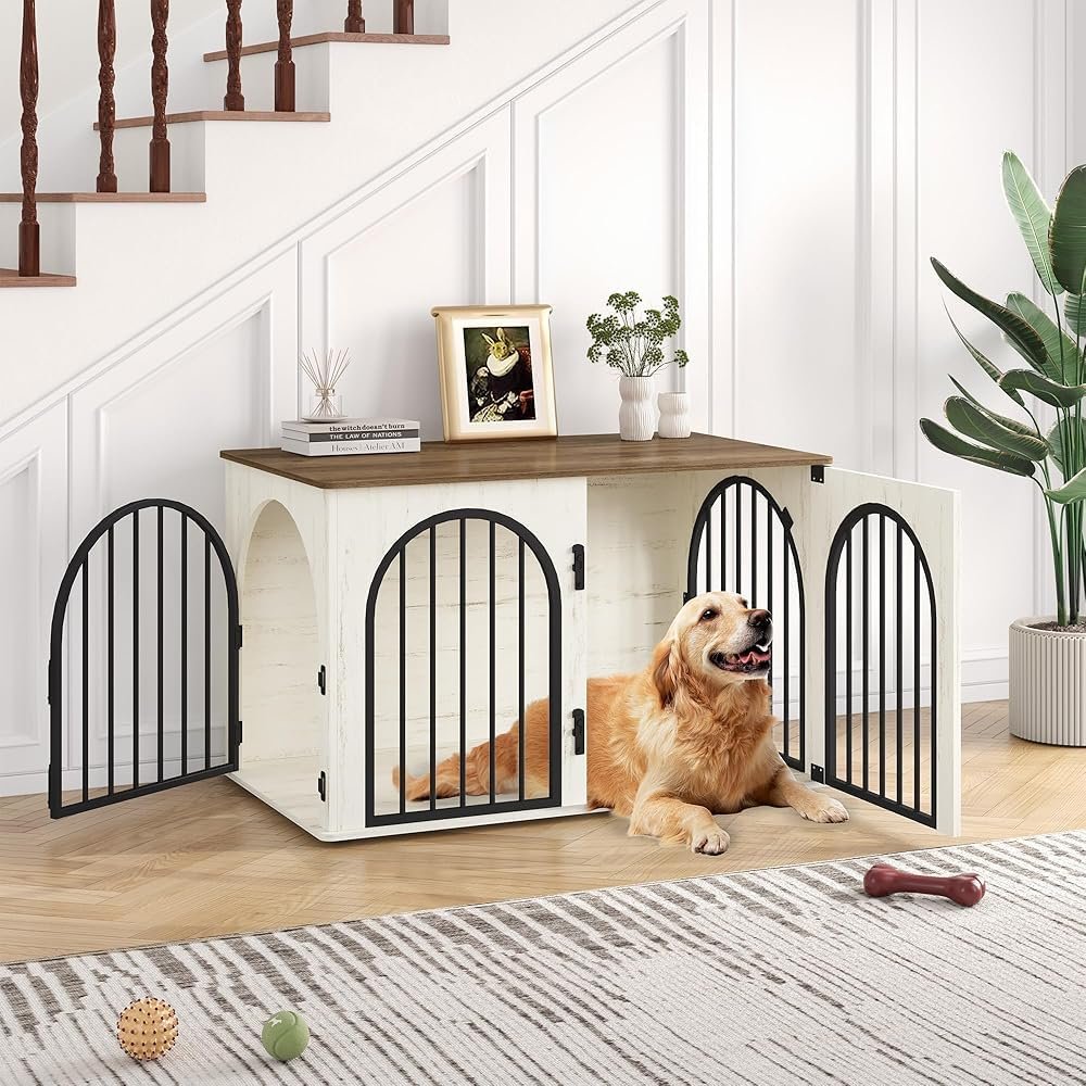 Hzuaneri Dog Crate Furniture, 100 cm, 3 Doors, White/Brown