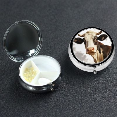 Small Round Metal Pill Case with 3 Compartments, Cow Design and Mirror
