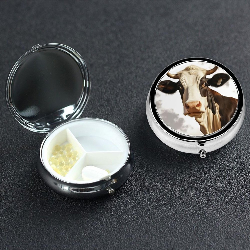 Small Round Metal Pill Case with 3 Compartments, Cow Design and Mirror