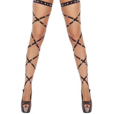 WUFANGBU Candy Color Punk DIY Bandage Stockings, Over-the-Knee Mesh Socks, Cosplay Women's Cross-Strap Thigh-High Tights, Size 02, Black