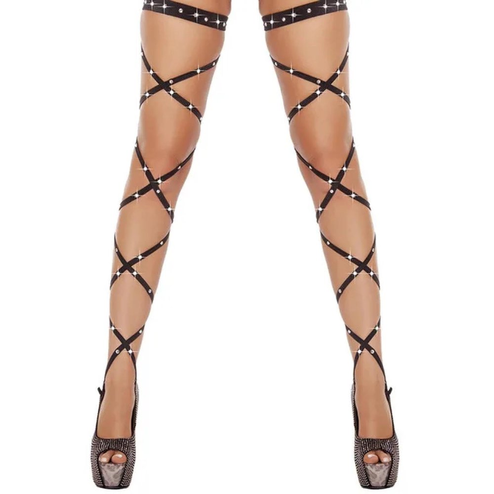 WUFANGBU Candy Color Punk DIY Bandage Stockings, Over-the-Knee Mesh Socks, Cosplay Women's Cross-Strap Thigh-High Tights, Size 02, Black