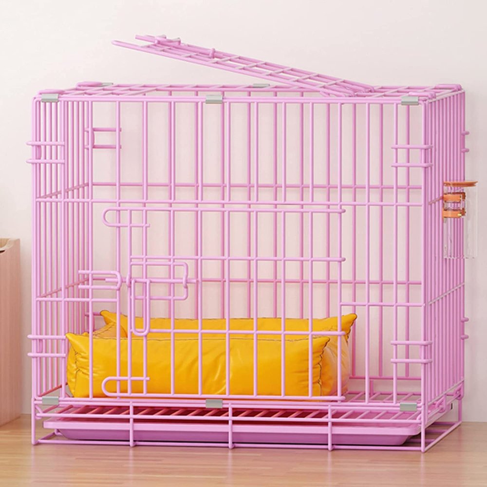 VDLLQYN Dog Crate Playpen, Foldable Black Metal Crate with 2 Doors and Plastic Bottom Tray, Extra-Sturdy Puppy Playpen (Pink)