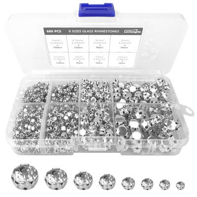 680-Piece Sew-On Crystal Rhinestone Set, Glass Claw Settings, 4–10 mm, Flat Back, Clear Gems for Crafts, Jewelry, Clothing, Costumes and Shoes