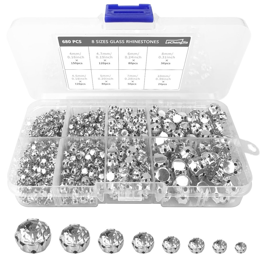 680-Piece Sew-On Crystal Rhinestone Set, Glass Claw Settings, 4–10 mm, Flat Back, Clear Gems for Crafts, Jewelry, Clothing, Costumes and Shoes