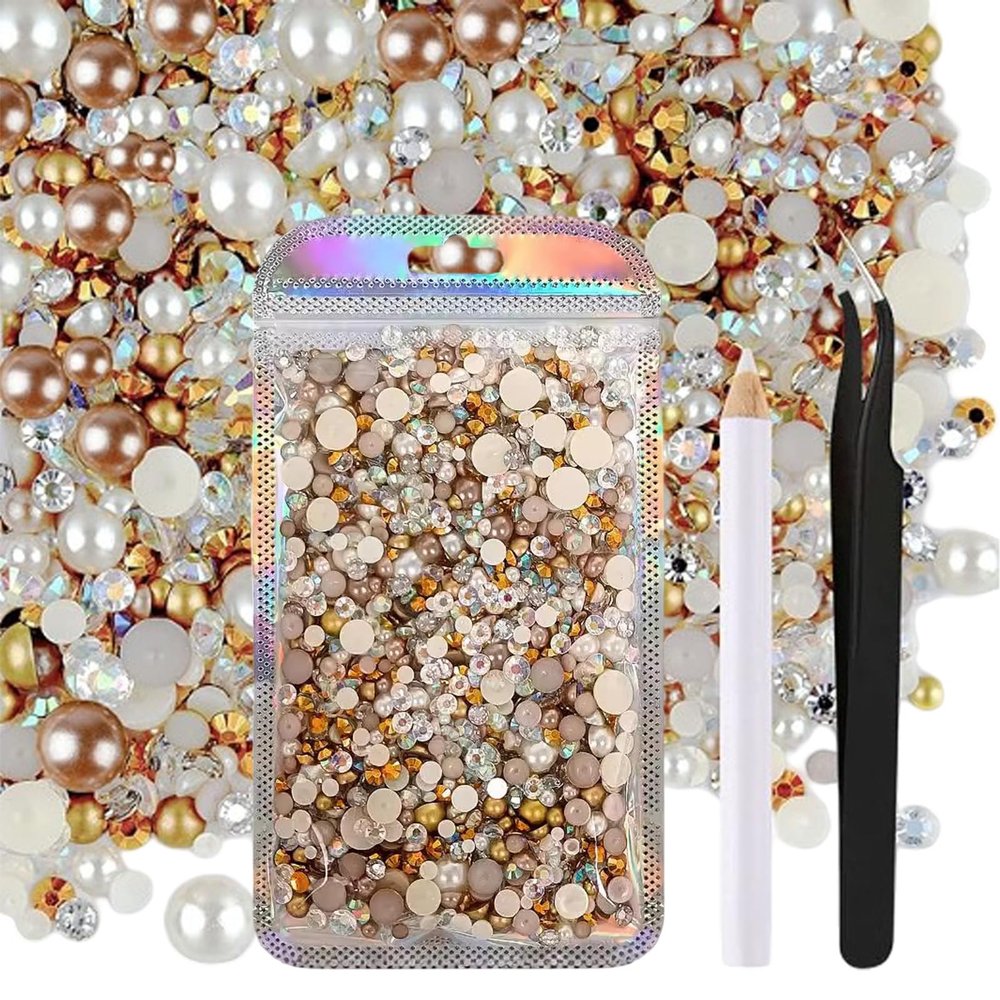 50 g Gold-Colored Flat-Back Beads and Rhinestones, 3–10 mm