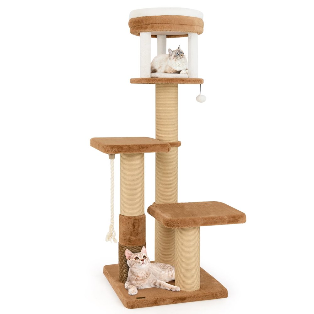 GYMAX 164 cm Cat Tree with 2-Tier Lounging Area, Platforms, Scratching Post, Cat Brush, Hanging Ball and Rope
