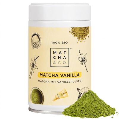 Matcha Vanilla Tea. Ceremonial-Grade Matcha from Uji, Japan. 80 g Organic Green Tea Powder. Vanilla Flavor.