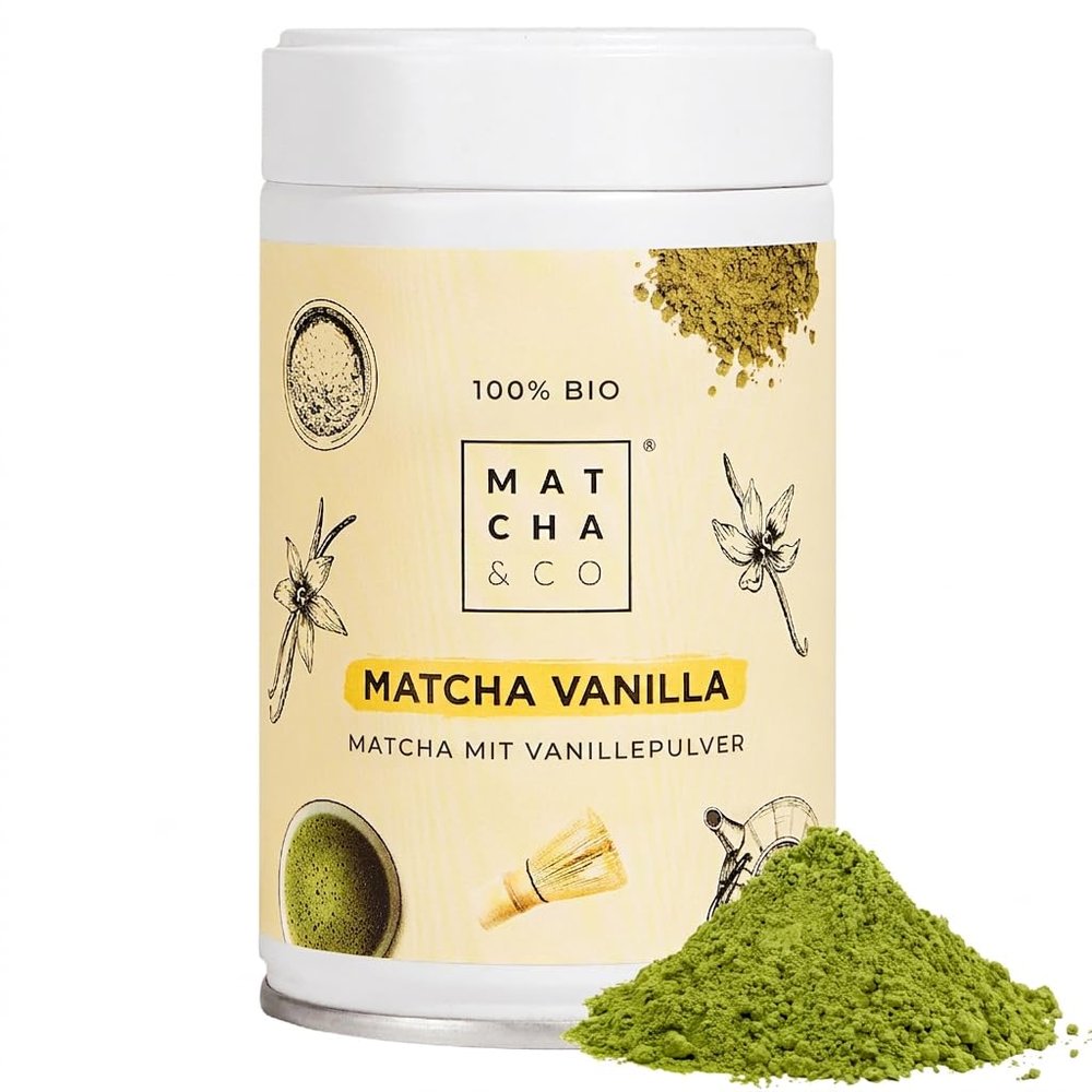 Matcha Vanilla Tea. Ceremonial-Grade Matcha from Uji, Japan. 80 g Organic Green Tea Powder. Vanilla Flavor.