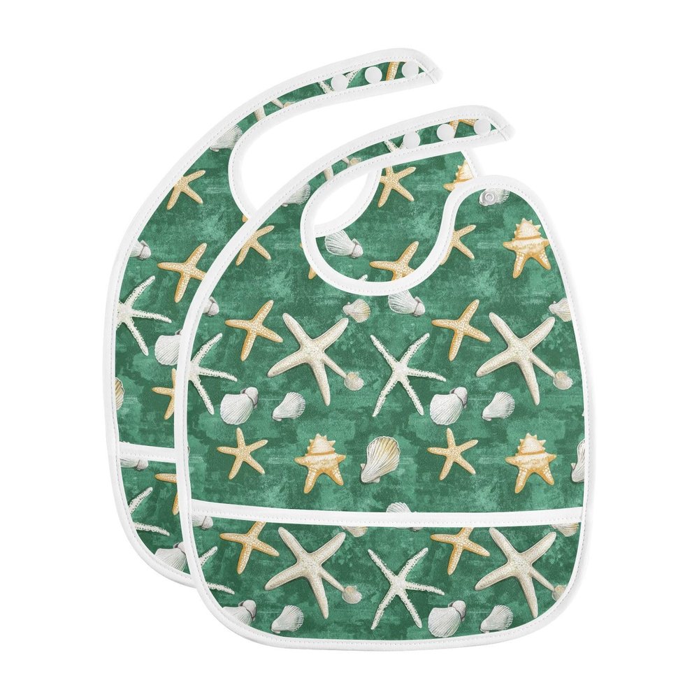 Yoogain Adjustable Baby Bibs with Snaps, Starfish and Shells, Grass Green, 2-Pack