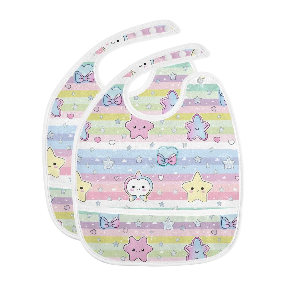 Yoogain Bow Star Cartoon Bibs with Snap Buttons, Cotton, 2-Pack, for Drooling and Teething