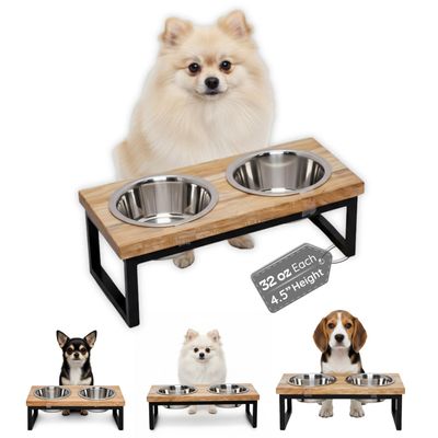 AASPIRE PETS Elevated Wooden Dog Bowl Stand with 2 Stainless Steel Bowls, 2 Pint/0.9 L, Medium