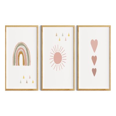 Girls' Nursery Wall Art, Boho Dusty Rose Beige, Rainbow, Sun and Hearts, 3-Poster Set, Unframed (Option 2: White, DIN A4)
