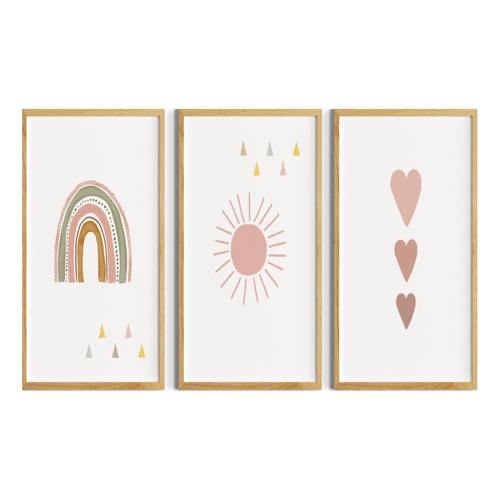 Girls' Nursery Wall Art, Boho Dusty Rose Beige, Rainbow, Sun and Hearts, 3-Poster Set, Unframed (Option 2: White, DIN A4)