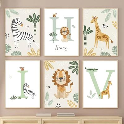 Jungle Animals Wall Art for Boys’ Nursery – Lion, Giraffe and Elephant, Green and Beige