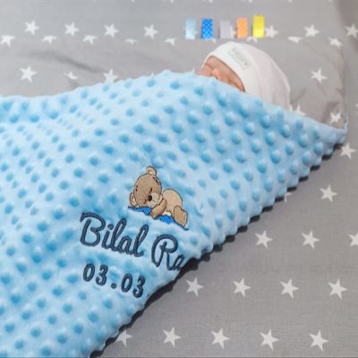 Personalized Baby Blanket with Name, Light Blue Plush & Gray Cotton with White Stars, Warm for Winter, 75 x 100 cm, Birth & Baptism Gift (Light Blue – Stars 5)