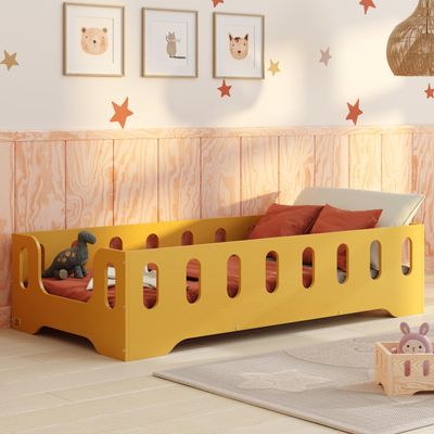 smartwood Floor Bed 80x160 cm with Fall-Out Guard, Wood, Yellow, TILA 2B