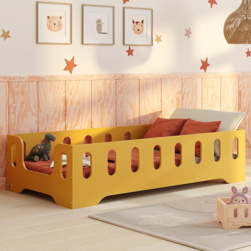 smartwood Floor Bed 80x160 cm with Fall-Out Guard, Wood, Yellow, TILA 2B