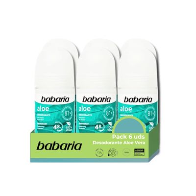 Babaria Aloe Vera Roll-On Deodorant for Women, Men, Children and Adults, Moisturizing, 48-Hour Protection, 100% Vegan, 6-Pack