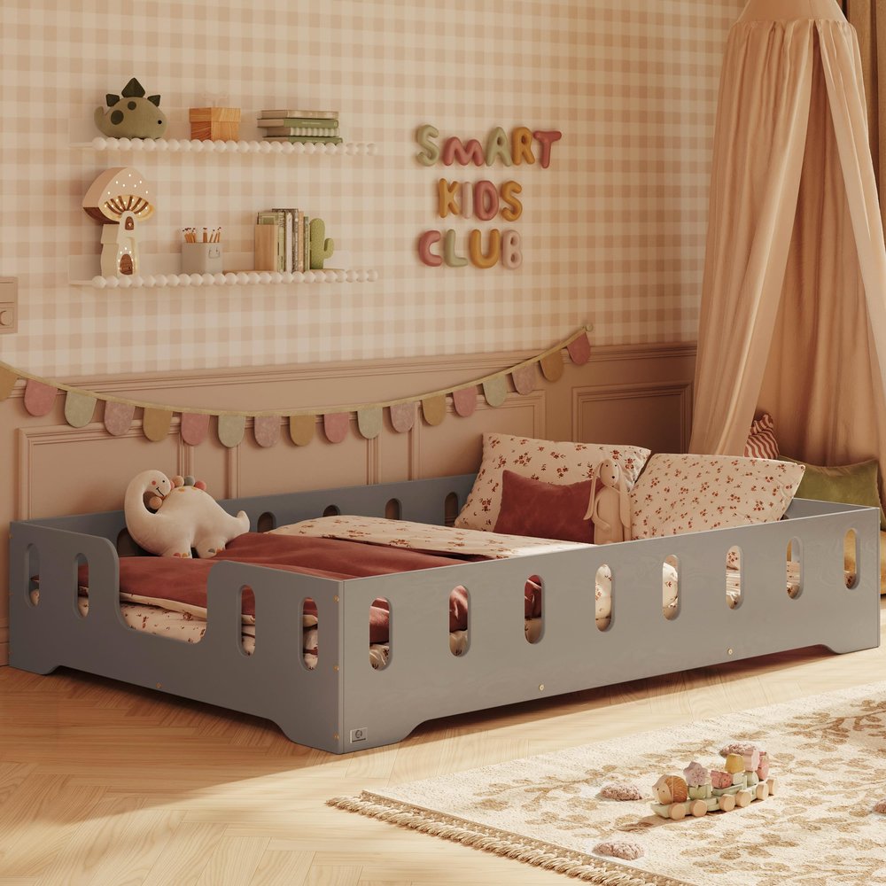 smartwood TILA 2B Floor Bed 140 x 200 cm with Guard Rail, Gray