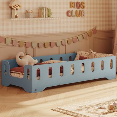 smartwood 80 x 160 cm Floor Bed with Safety Rail, Wood, Blue, TILA 2B