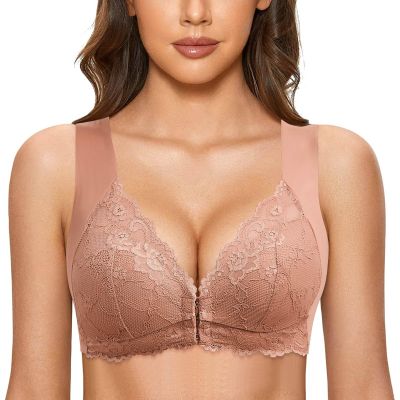 Women's Front-Closure Lace Bustier, Wire-Free Push-Up Soft Bra