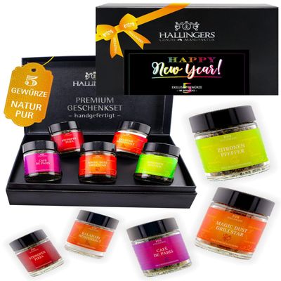 Hallingers Genuss Manufaktur Spice Christmas Gift Set – 5 World Spices in Gift Box with Recipe Booklet “Happy New Year Color”