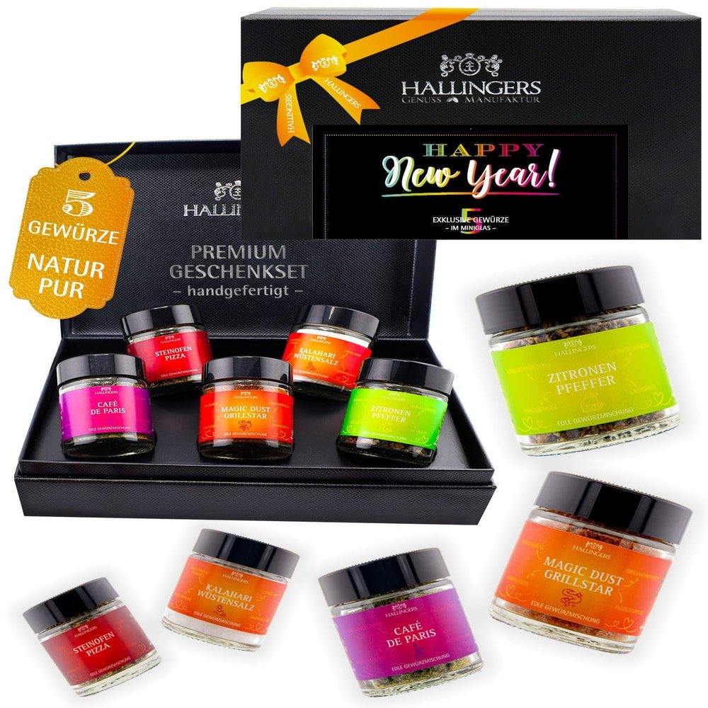 Hallingers Genuss Manufaktur Spice Christmas Gift Set – 5 World Spices in Gift Box with Recipe Booklet “Happy New Year Color”