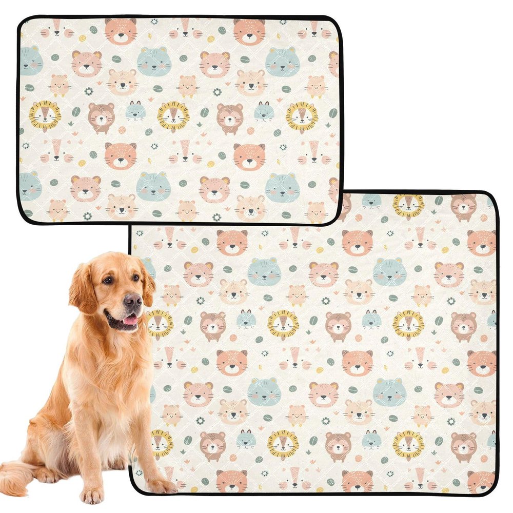 Washable, Non-Slip Dog Pee Pads for Outdoors, 24 x 36 in + 36 x 42 in, Cute Animal Faces, 2-Pack