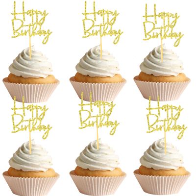DazzJoy Gold Happy Birthday Cake Decorations, 24 Cupcake Toppers