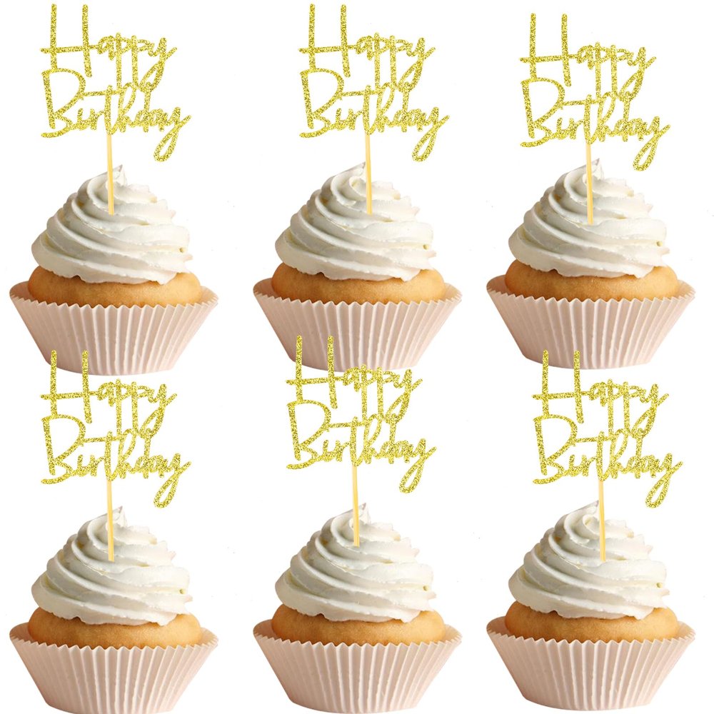 DazzJoy Gold Happy Birthday Cake Decorations, 24 Cupcake Toppers