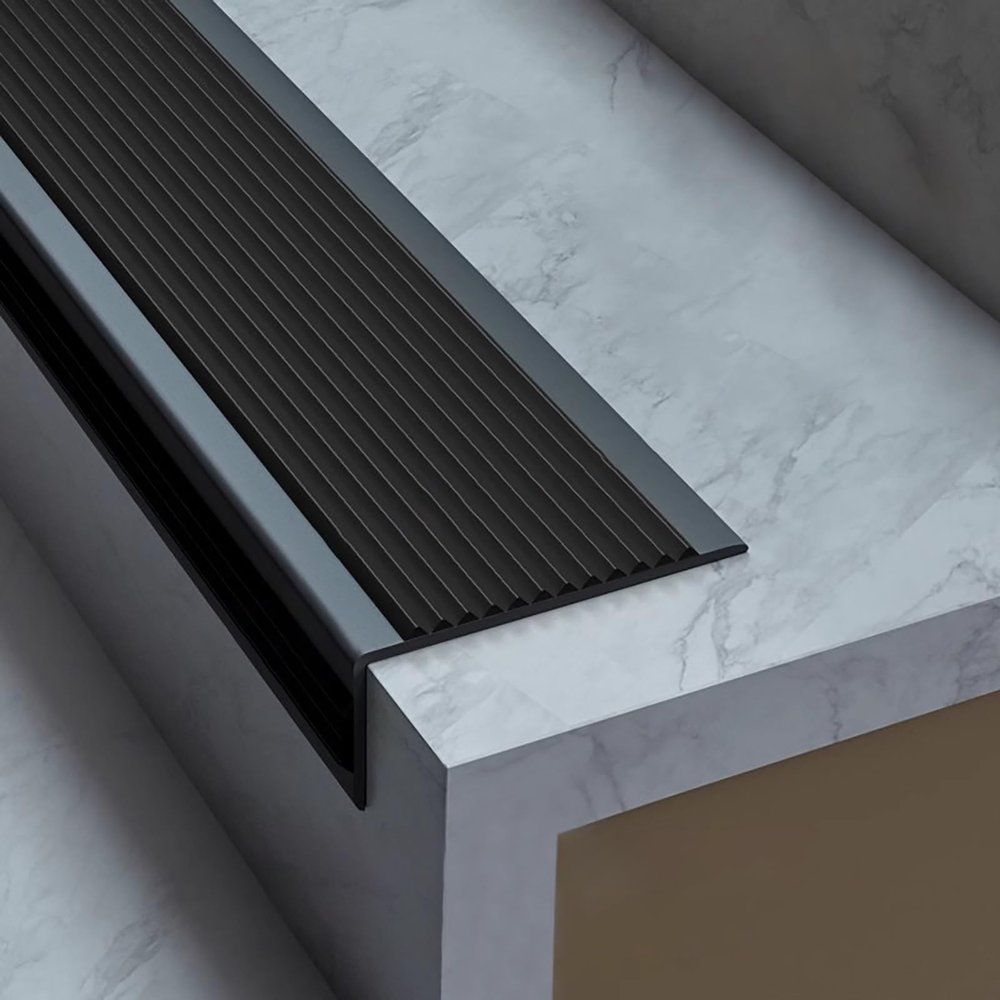 Stair Edge Profile Anti-Slip Stair Strip for Tile and Concrete Stairs, PVC, 50–508 cm, Black