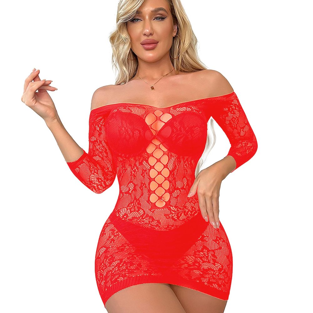 FLYSL Sexy Women's Fishnet Lingerie Dress Set (Red)