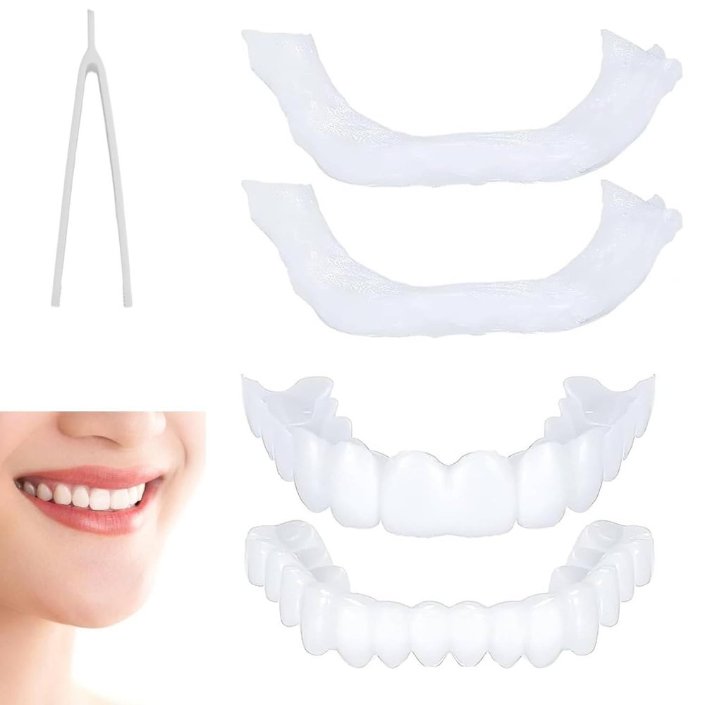 2 Pairs of Snap-On Fake Teeth, Upper and Lower Veneers, Temporary Dentures