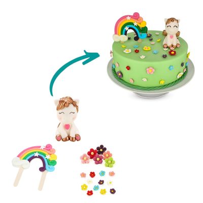 Clever Cakes Unicorn and Rainbow Cake Decoration with Colorful Flowers