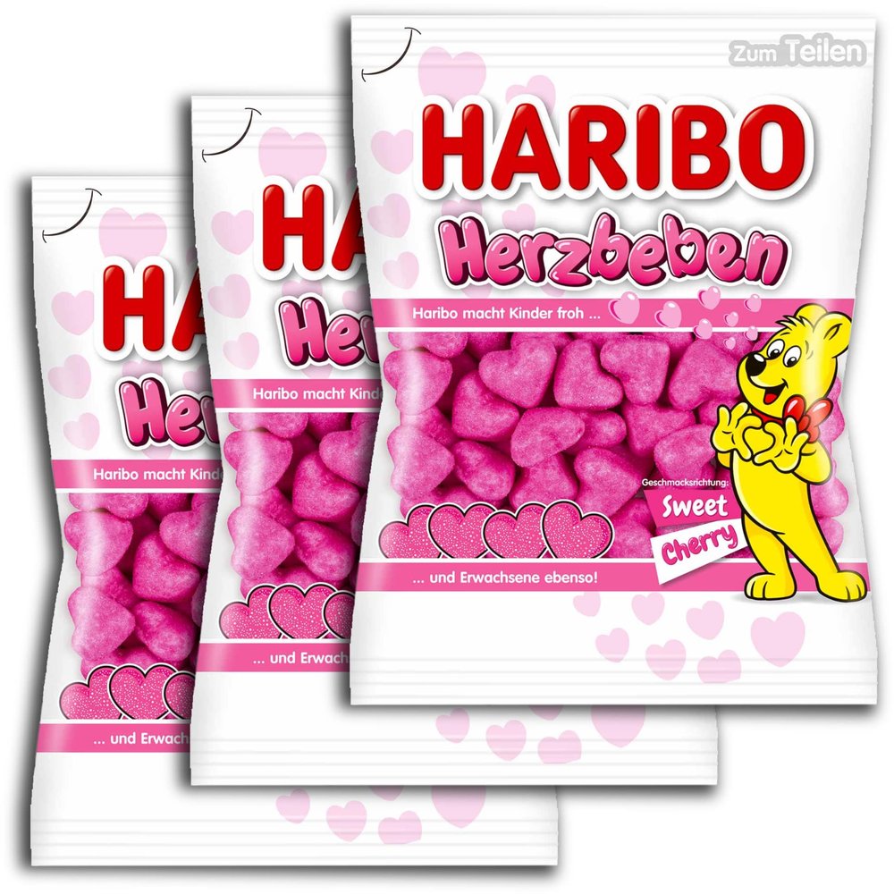 3-Pack Haribo Herzbeben, 3 x 160 g, Cherry-Flavored Foam Sugar Confectionery