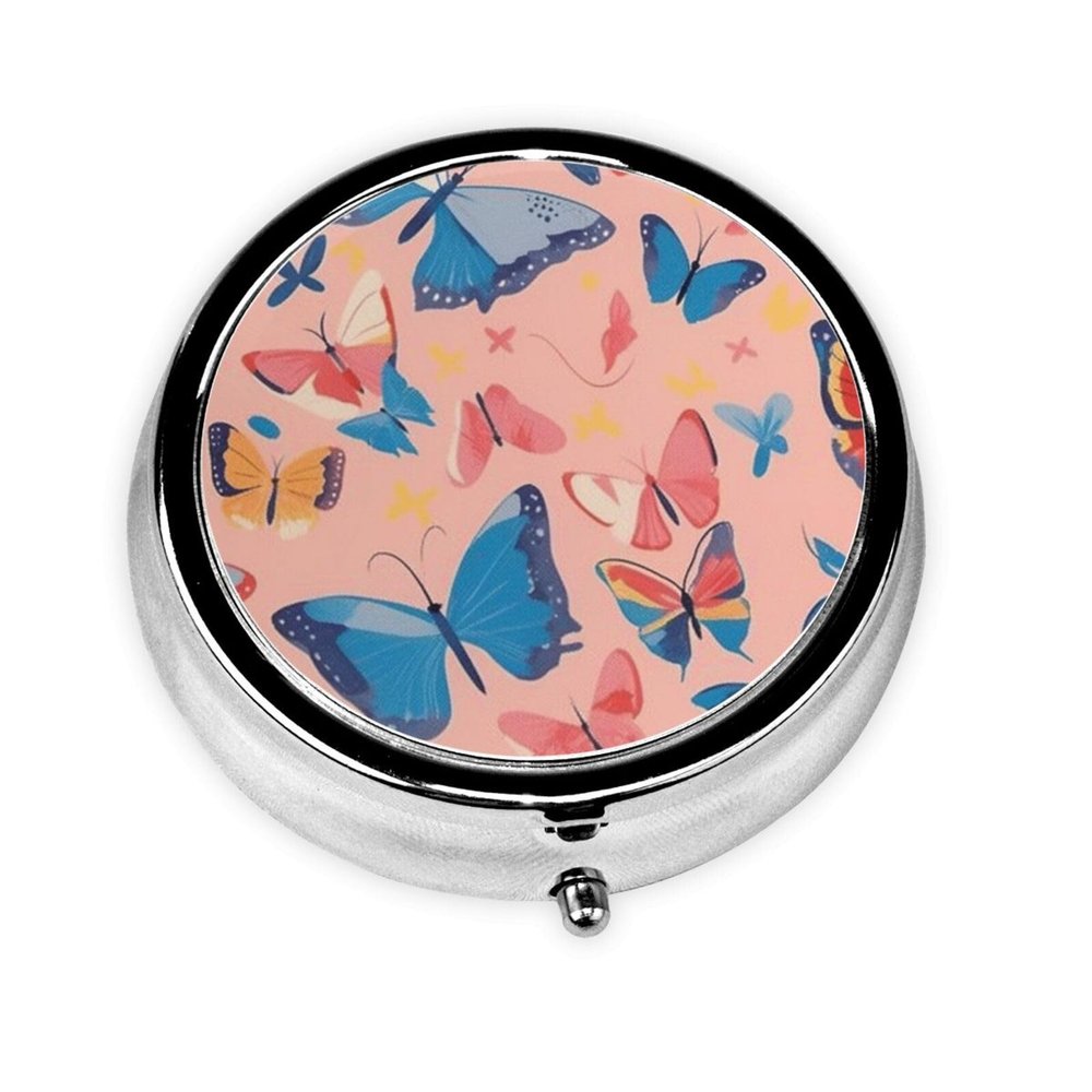 CSIVKEJ Round Pill Case with Butterfly Print, 3 Compartments