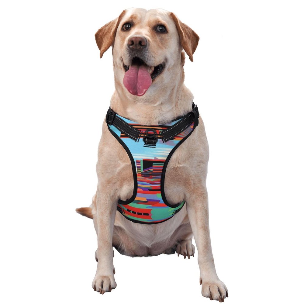 Colorful Dystopian Futurism Dog Harness for Small, Medium, and Large Dogs, Durable, No-Pull, with Reflective Straps and Quick-Release Buckles, Size M