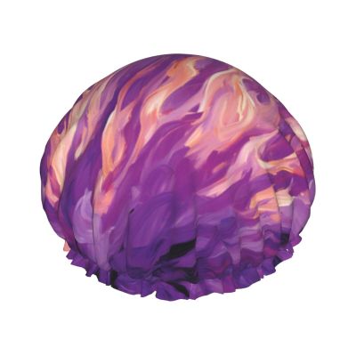 Reusable Shower Cap with Fiery Purple Flames, Double-Layer, Waterproof, Elastic, Eco-Friendly