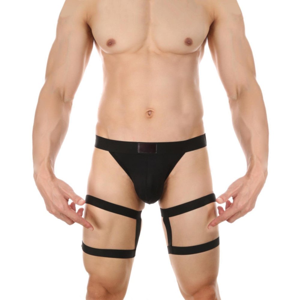 Men's Sexy Low-Rise Hollow Thong with Steel Ring, Leg Straps, Black, L
