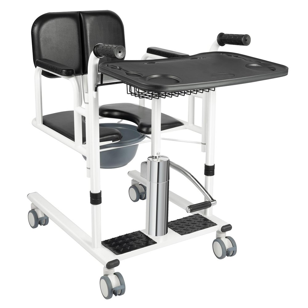 Transfer Chair for Seniors with Wheels, Hydraulic Patient Lift, Wheelchair and Commode Chair with 180° Split Seat, Height-Adjustable, Black