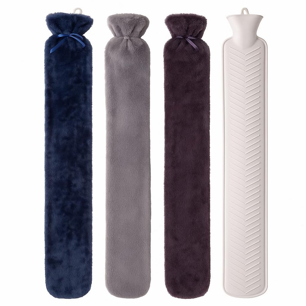 Generise 2-Liter Extra-Long Hot Water Bottle with Soft Fleece Cover, 75 x 11 cm, Long-Lasting Warmth and Comfort (Random Color: Blue, Purple, or Light Gray)