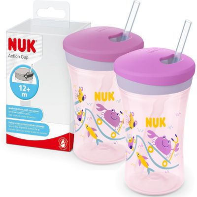 NUK Action Cup for Children, 2-Pack | 12+ Months | 230 ml | Twist Lid with Soft Straw | Leakproof | BPA-Free | Purple Crab