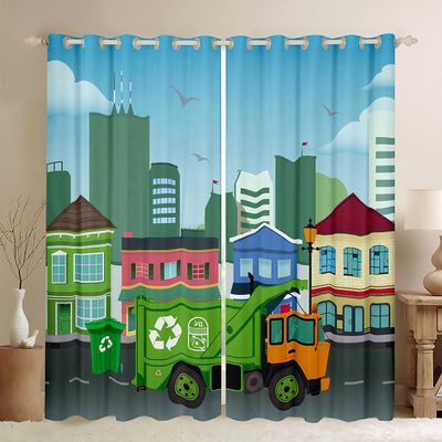 Homewish Garbage Truck Curtains for Boys and Girls, Light-Reducing Curtains, 2 Panels, 55" W x 69" L