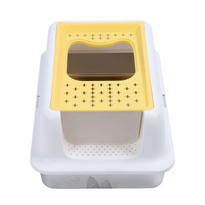 Stainless Steel Cat Litter Box with Front and Top Entry, White and Yellow
