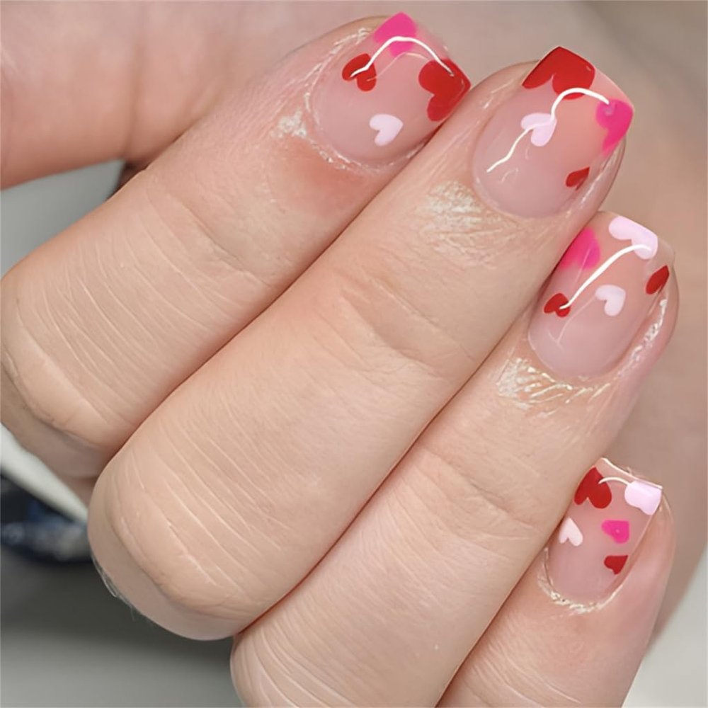 XAGMODSHN Valentine Square Press-On Nails, Glossy Designs, Full-Coverage Acrylic Nails, 24 Pieces, 12 Sizes