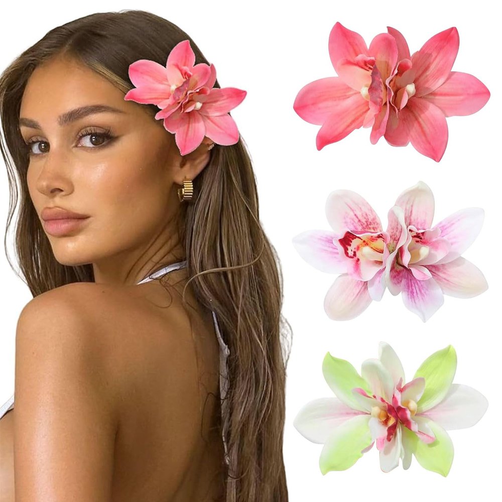BelleVive 3-Piece Hair Clips for Women with Hawaiian Light and Orchid Blossoms, Wedding Hair Clips with Hibiscus Flowers